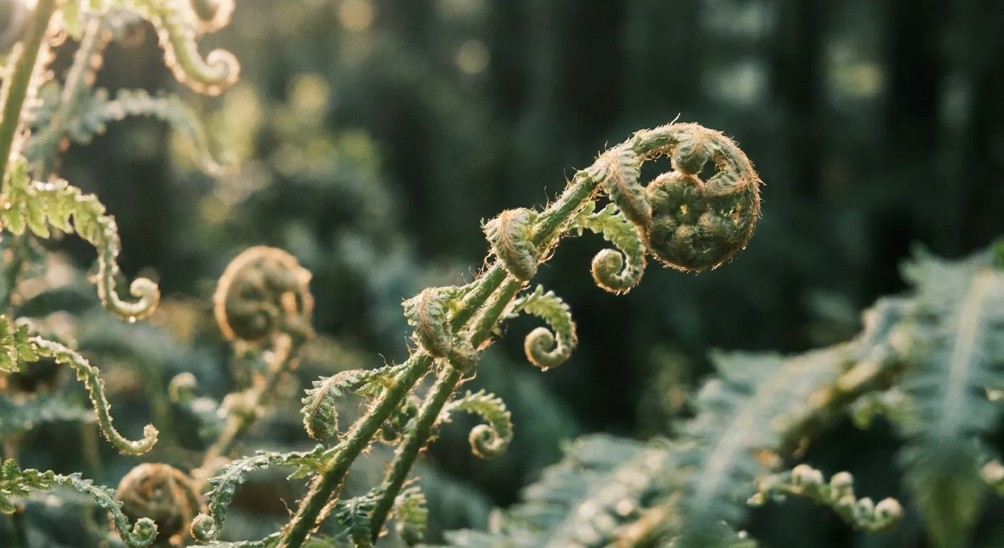 New fern fronds unfurling in warm morning light