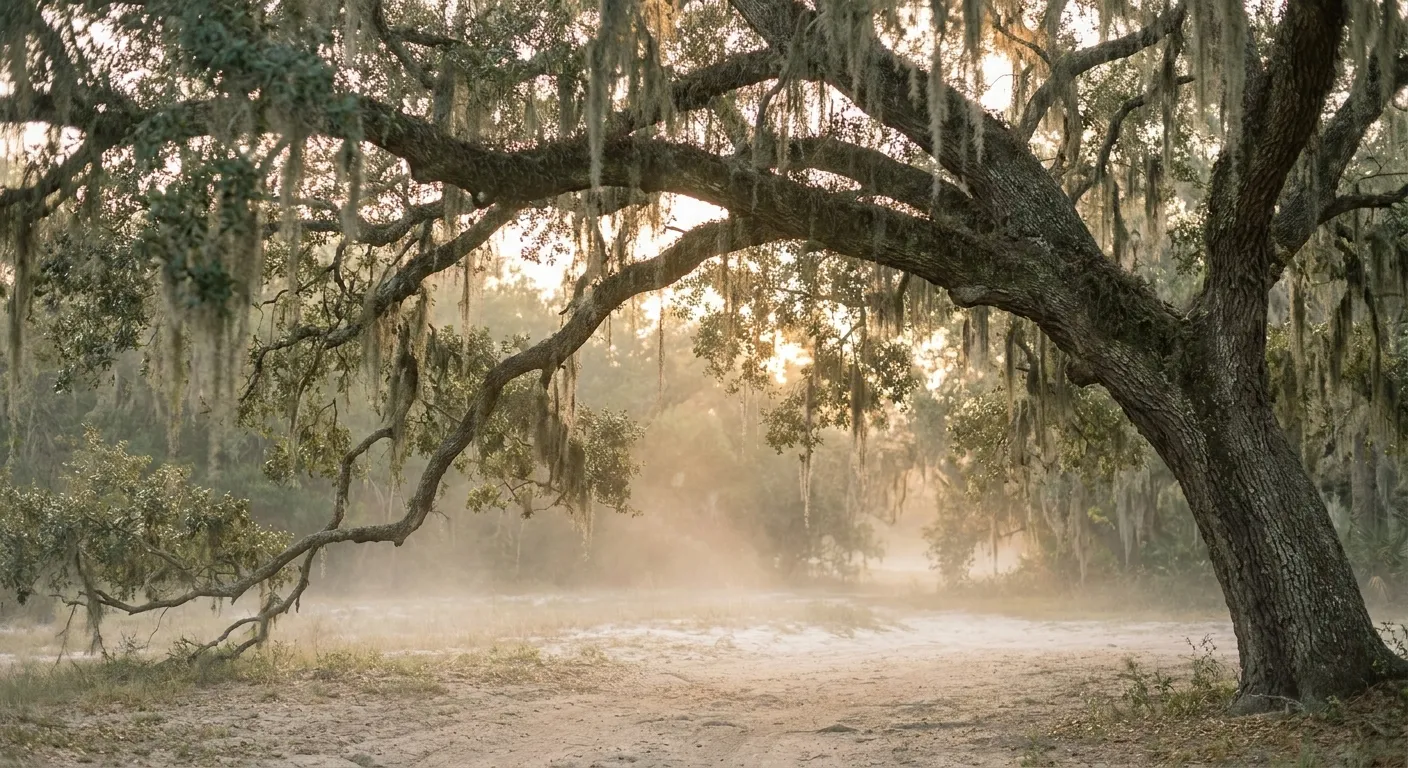 Golden morning light under a large live oak draped with Spanish moss