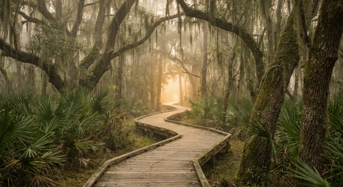 A boardwalk path winding through a misty north Florida forest toward warm light