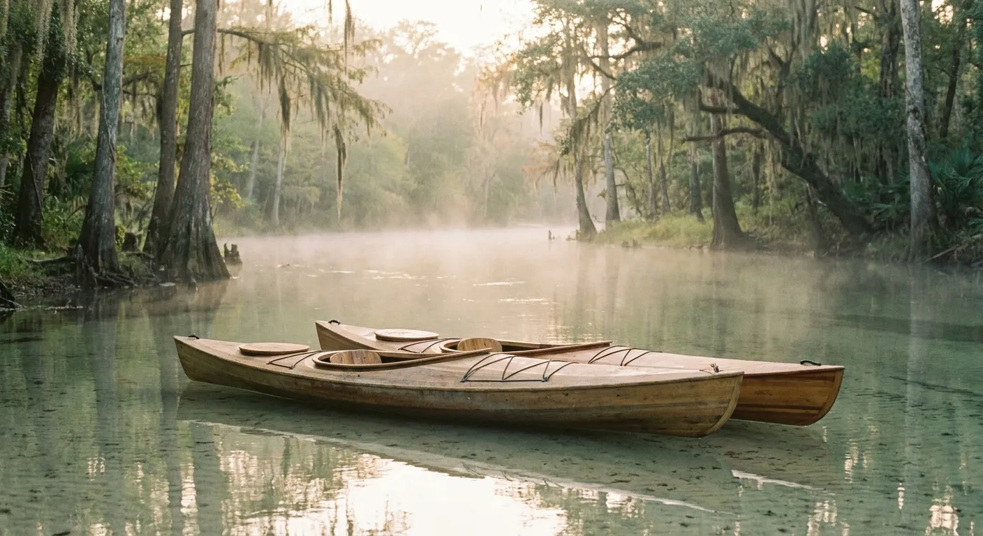 Two kayaks resting side by side on a calm misty river at dawn