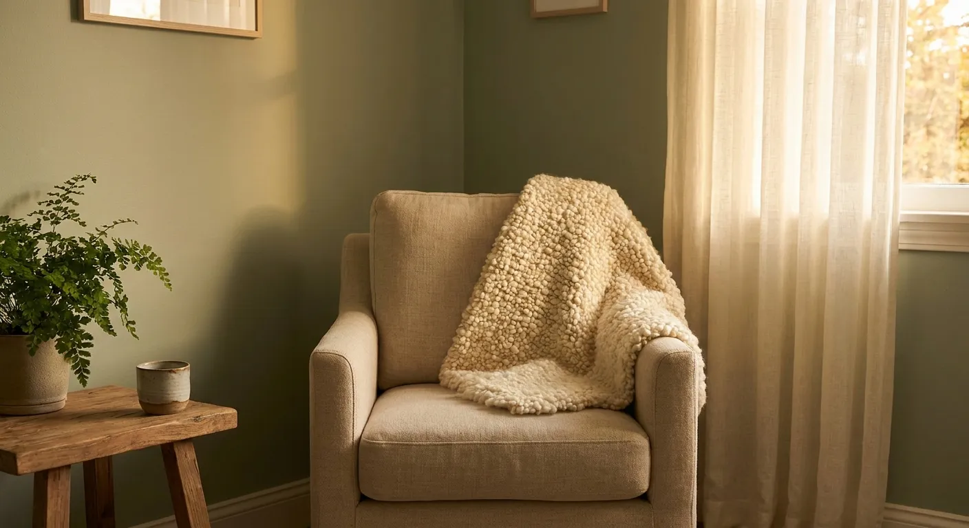 A calm therapy room corner with a linen armchair, soft blanket, and afternoon light through a sheer curtain